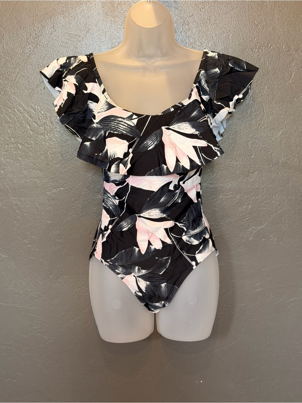 Black Floral Ruffle One-Piece swimsuit with Pink Accents 15s - Picture 1 of 6